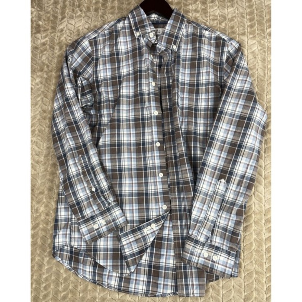 Croft‎ & Barrow shirt mens medium blue brown plaid long sleeve easy care
